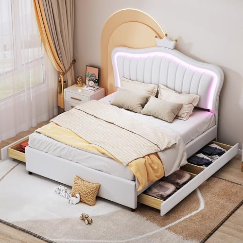 Dolamaní Polsterbett Jugendbett Mädchen Bett 140x200 cm mit 4 Stauraum Schubladen, PU-Leder, Einzelbett mit Lattenrost, Polster Kopfteil-Prinzessinnen-Krone, White