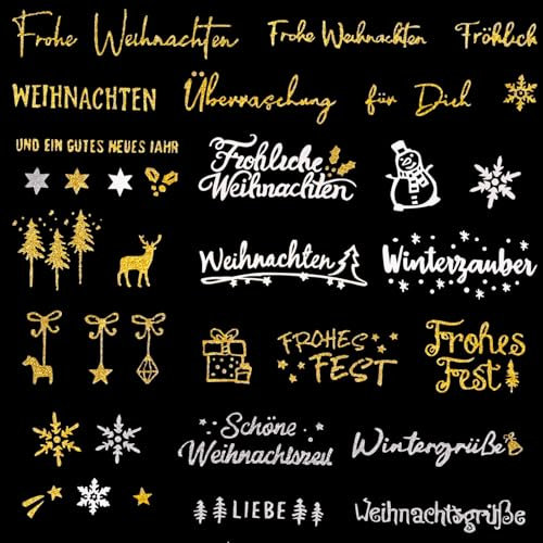 MEJOSER 185 Stk. Weihnachtsaufkleber Glitzer Weihnachtssticker Gold Silber 5 Blätter Weihnachten Aufkleber Selbstklebend Weihnachten Sticker Schriftzug für Basteln Frohe Weihnachten