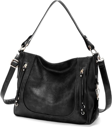 Kasgo Sac a Main Femme, Grand Sacs à Main Portés Épaule Bandoulière Femme Cuir PU Tendance Multi-poches A4 Hobo Cabas avec 2 Bretelles Amovibles pour Travail Cours Voyage 14L Noir