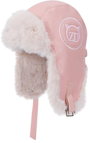 Jeesblsy Winter Fliegermütze, Unisex Warme Russische Mütze mit Ohrenklappen, PU Winddicht Hut Trappermütze für Snowboarden Skaten Radfahren Outdoor (Rosa)