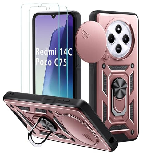 Yohii Funda para Xiaomi Redmi 14C 4G/5G/Redmi A4/Poco c75, con 2 Piezas Vidrio Templado, Armor Carcasa Cubierta Cámara Deslizante, 360 Anillo Soporte PC Silicona TPU Bumper Antigolpes Case, Oro Rosa