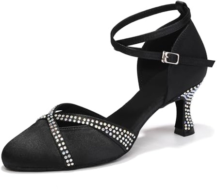 ZYXWVU Scarpe da Ballo Latino Donna Punta Chiusa Raso Tango Scarpe | Strass Professionale Scarpe da Ballo Danza Pratica Scarpe Suola in Pelle Scamosciata