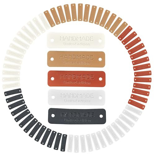 LUFFLOK 70 Stück Handmade Label zum Annähen, Bunte Häkel-Tags aus PU Leder mit Löchern, 5 Farben Hand made Etikette für Stricken, DIY, Basteln, Häkelarbeiten, Stoff, Hüte, Taschen, Kleidung (70 Stück)