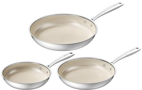 Redchef Juego de sartenes antiadherentes, 20, 24 y 28 cm, sartén híbrida de cerámica de acero inoxidable de tres capas, mango que se mantiene fresco, no tóxico, sin PTFE/PFAS/PFOA, apto para