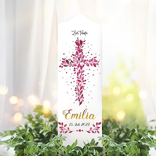 Wandtattoo Loft Taufkerze Mädchen Taufspruch, Motiv mit Kreuz aus pinken Blättern, 25cm x 8cm, personalisierte Kerze, bedruckte Kerze Taufe, Geburtskerze, Stumpenkerze, individuelles Taufgeschenk