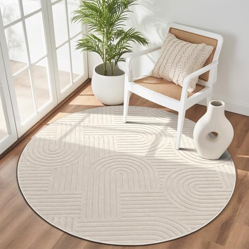 Enyhom Rund Teppich Wohnzimmer 120cm, Flauschiger Kurzflor Teppich Waschbarer Moderner Teppiche 3D Effekt rutschfest Teppiche für Esszimmer Küchen Schlafzimmer, Beige