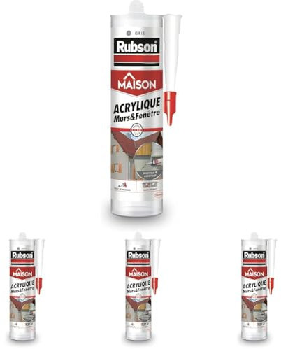 Rubson Mastic Perfect Home Acrylique Murs & Fenêtres, mastic acrylique gris pour intérieur & extérieur, comble fissure, joint porte et fenêtre, 280 ml (Lot de 4)