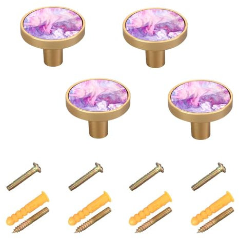 4 Sets Round Drawer Cabinet Knobs Handles, Acrylic Board Knobs with Screws Pulls Decor Dresser Wardrobe Abstract Purple Pink Paint Acrylic Texture with Marble Marbling