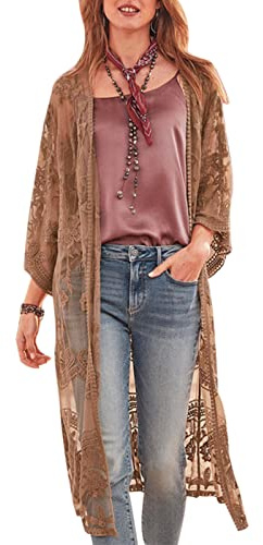Women Mesh Lace Kimonos Swim Cover Up Summer Bikini Beach Coverup Boho Back Cutout Sheer Kimono Cardigan