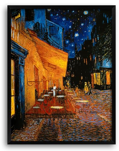 Vincent van Gogh Kunstdruck „Caféterrasse am Abend“ – Wandbild im Impressionismus-Stil – 60x80 cm – Kunst auf Rückwand mit kräftigen Farben – inkl. Rahmen in Schwarz matt (64x84 cm)