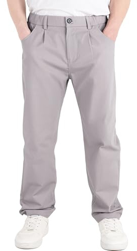 CAMLAKEE Boys School Trousers Kids Chino Pants Straight Uniform Pull on Soft Bottoms Elastic Waist with Zip and Button Closure Light Grey UK 12-13 Years Label Size 160