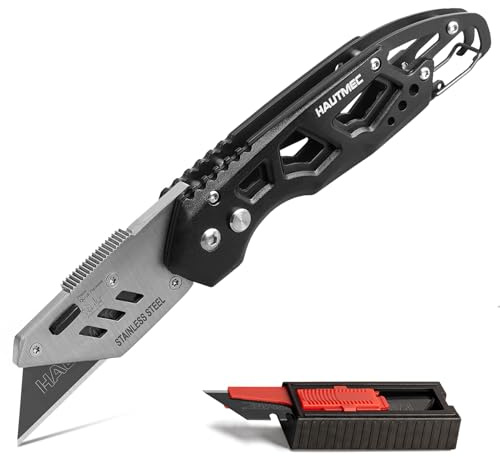 HAUTMEC Klappmesser Cuttermesser mit 10 SK2H Ersatzklingen, Profi Universalmesser aus Aluminium mit Gürtelclip & Karabiner, Klappbares Teppichmesser für Karton, PVC, Teppich & Verpackung – HTUCH25002
