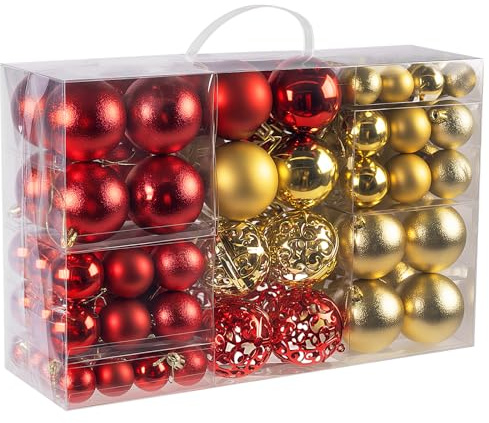 Lindahandel Weihnachtskugeln Rot Gold 100er 3-6cm Christbaumschmuck Set | 100 Kugeln Ø3/4/6cm inkl. 6cm Lochkugeln:matt,glänzend&strukturiert. Mit Aufhänger, bruchsicher.Für Baum,Kranz&Außenbereich.