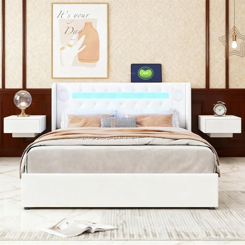 Polsterbett 140x200, Stauraumbett, Doppelbett mit LED & Bluetooth | PU-Leder Optik, USB-Aufladung, inkl. Lattenrost | Hochbettkasten, Weiß (ohne Matratze)