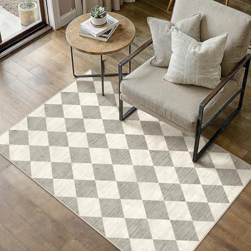 PureCozy Teppich 80x150cm Grau Waschbar Moderne Kariert | Moderner Karo Teppiche,Waschbar,Rutschfest,Weich,Kurzflor,für Wohnzimmer,Schlafzimmer,Esszimmer,Büro