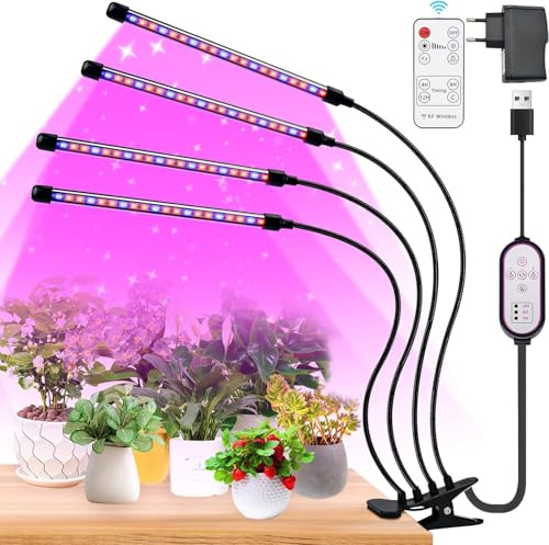 Pflanzenlampe LED Vollspektrum 4-Armige Grow Lampe 460nm 660nm UV Pflanzen Lampe 4/8/12H Timer mit Fernbedienung Pflanzenlicht für Zimmerpflanzen 10 Lichtstärken