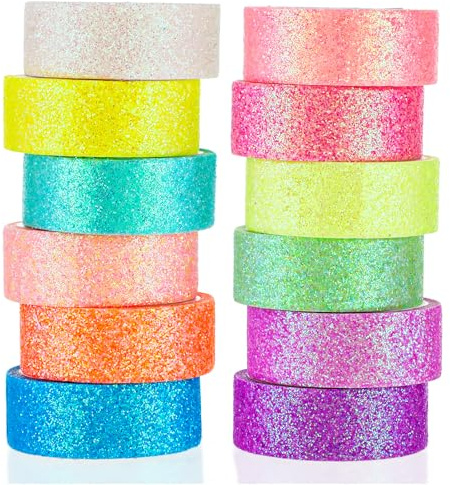 TIESOME 12 Rollen Glitzer Washi Tape Set, Glitzernde Dekoratives Klebeband | Glitzernde Bänder für Basteln DIY Papier Tape Bunt für DIY Handwerk Bullet Journals Planer Scrapbooking Verpackung 2m x 15mm