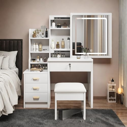 Yihomfy Schminktisch mit Spiegel, Kommode mit 4 Schubladen und Hocker, Beleuchtung mit 3 Farbtemperaturen & Berührungssteuerung, Schreib- und Schminktisch für Schlafzimmer 85x130x36 cm (weiß)
