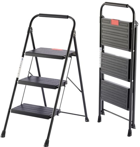 Sweetcrispy Trittleiter 3 Stufen klappbar, Klapptritt für Zuhause, stabile Anti-Rutsch-Leiter mit Handlauf, kompakte & leichte Klappleiter, bis 150 kg belastbar, ideal für Haushalt & Büro, Schwarz