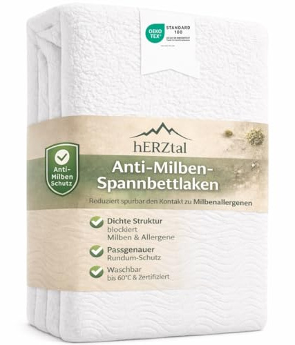 HERZtal Anti-Milben Spannbettlaken, Weiß, 90x200 cm, Allergiker Matratzenschutz, Atmungsaktiv, Waschbar bis 60°C, Oeko-TEX Zertifiziert (140x200 cm)