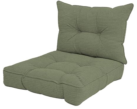 POKAR Stuhlkissen 2er Set 1x Sitzkissen 50x50x10 cm + 1x Rückenlehne 50x40x10 cm | Loungekissen aus Cord | Auflagen für Gartenstuhl und Rattanmöbel | Öko Tex Zertifiziert | Made In EU | Khaki