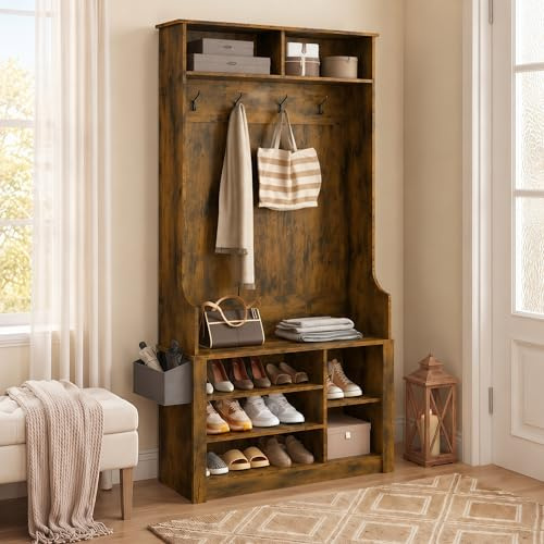 Xbro Garderobenständer mit Schuhbank, Flurgarderobe mit 4 Haken, 5 verstellbaren Schuhablagen & 2 Ablagen, Garderobenschrank mit Sitzbank, freistehende Garderobe Flur, 90x30x183 cm, Vintage