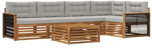 vidaXL Outdoor-Sofagarnitur mit Kissen 6 pcs Natürlich und Hellgrau, Patio Ecksofa, modernes Lounge-Set für draußen, wetterfestes Gartenmöbel für die Terrasse, Bequeme Sitzgelegenheit