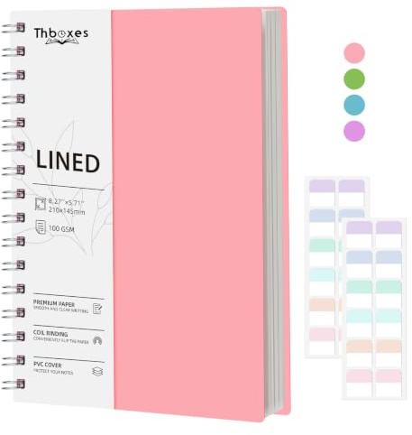 Thboxes A5 Notebook, Wirebound Spiral Notebooks 200 Pages, 100gsm Lined Paper PVC Waterproof Cover Notepad with 24 Labels for Women Men Work Office School, 14.5 x 21cm - Pink