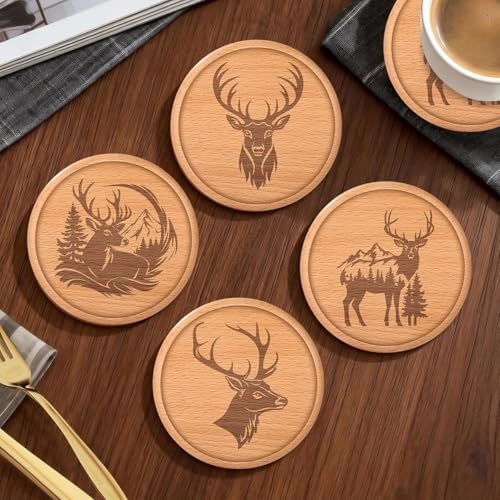 Runde Untersetzer aus Buchenholz 4 Stück, Holz Getränkeuntersetzer | 4 Verschiedene Hirsch Motiv Tischset, Geschenk für Jäger, für Gläser, Schnapsgläser, Büro Café Bar