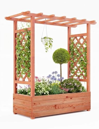 GarveeMore 110×44×114cm Freistehendes, erhöhtes Holz-Hochbeet mit Rankgitter und Überdachung – Pflanzkasten mit seitlichen Rankhilfen, 4 Wasserablauflöchern, Kletterpflanzen, Blumen & Gartenpflanzen