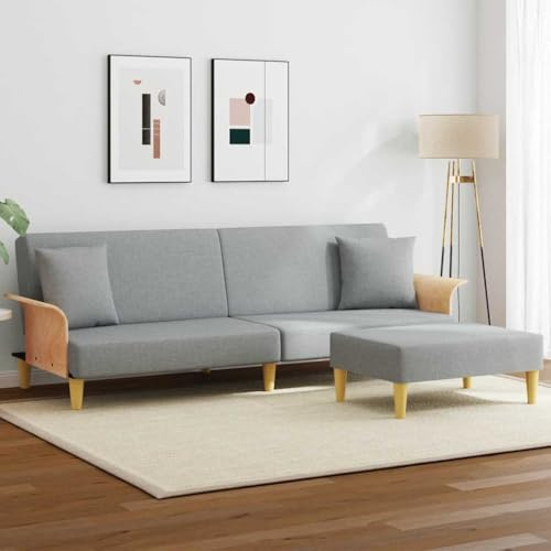 Kaloriko Schlafsofa 2-Sitzer Hellgrau Samt mit Kissen Fußhocker Couch Ausziehbar Klappbar für Wohnzimmer Gästezimmer Büro Gemütlich Platzsparend mit Schlaffunktion