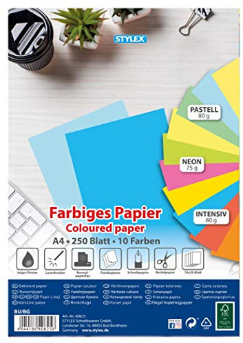 Stylex 40825 - Farbiges Papier DIN A4, 250 Blatt in 10 verschiedenen Farben, zum Malen, Basteln, Drucken & Schreiben,