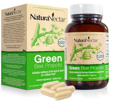 NaturaNectar - Green Bee Propolis Capsules - NSF Contents Certified Brazilian Green Propolis - Gluten-Free Propolis Supplements with Flavonoids - Naturally Sourced Through Ethical Beekeeping (60pcs.)