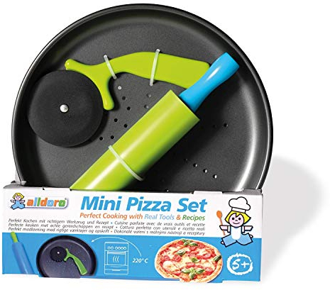 alldoro 61520 Pizzaset, 3 teiliges Backset mit ca. 23 cm runden Backblech, Kochset mit Blech, Schneider und Teigroller, auch für Flammkuchen und Baguettes, für Kinder ab 5 Jahren, Mini Pizza Set