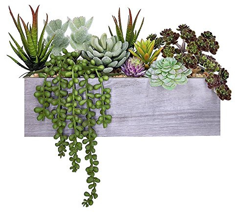 Supla 10 Pcs Assorted Artificial Succulent Plants in Rectangular Brown Wooden Planter Box, 11.4 x 3.7 x 10.2 (L X W X H), Rustic Style, Perfect for Home Decor, Wedding, Patio, Garden
