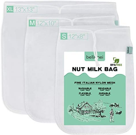 Bellamei ffomo Nut Milk Bag Reusable 3 Pack 200 Micron Nut Bags for Almond/Soy Milk Greek Yogurt Professional for Cold Brew Coffee Tea Beer Juice Fine Italian Nylon Mesh,8541963569