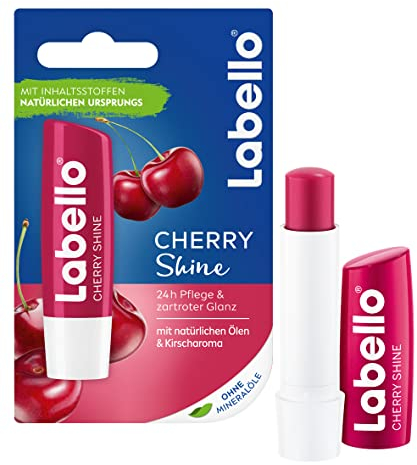 Labello Cherry Shine (4,8 g), Lippenpflegestift mit zartrotem Glanz und Schimmerpigmenten und Kirscharoma, Lippenpflege ohne Mineralöle