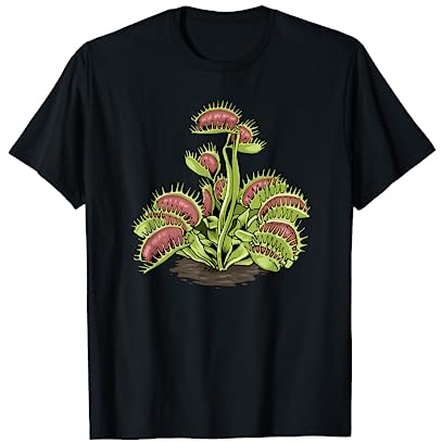 Fleischfressende Pflanzen Designs Karnivoren Shirt Venus Fliegenfalle T-Shirt für Unisex-Erwachsene Schwarz S Klassisch geschnitten Kurzarm T-Shirt
