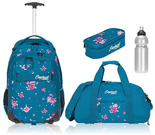 Elephant 4 Teile Set Trolley Hero Signature Schultrolley Rucksack Trolly Sporttasche Mäppchen Flasche 12800 (Blue Flower (Blau/Rose))