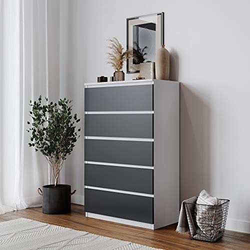 URBNLIVING 4 Or 5 Drawer Skagen Wooden Bedroom Chest Cabinet No Handle Storage Cupboard Modern (White Carcass + Black Drawers, 5 Drawers)