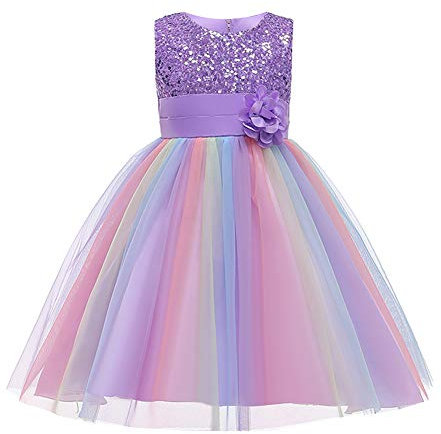 Kinder Mädchen Pailletten Kleid Blumenmädchen Regenbogen Tüllkleid Hochzeit Brautjungfer Tütü Prinzessin Kurzes Partykleid Kleinkinder Geburtstagskleid Ballkleid Ärmellos Sommerkleid Lila 6-7 Jahre