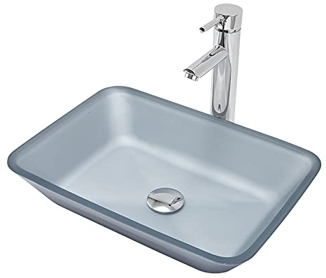 SHUGUANG Gehärtetes Glas Waschbecken, Matt Aufsatzwaschbecken Glas Aufsatz Waschschale Waschtisch Rechteckig Waschbecken Waschschale, Handwaschbecken mit Chrom Wasserhahn, 460×330×110mm,Grau