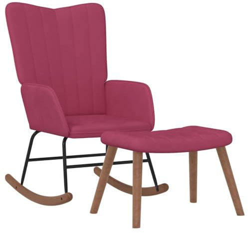 vidaXL Schaukelstuhl mit Hocker, Schwingstuhl mit Armlehne, Schaukelsessel mit Holzkufen Stahlgestell, Relaxsessel Schwingsessel Wohnzimmer, Samt Weinrot
