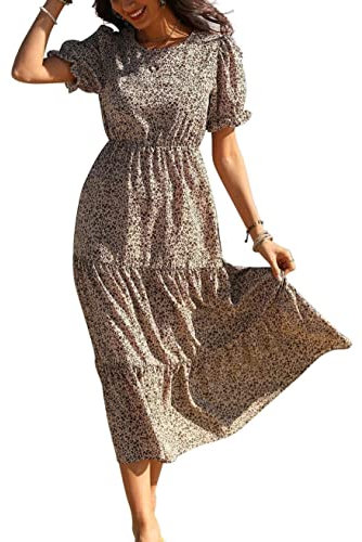 GRECERELLE Womens Summer Midi Dress Floral Print Boho Dress Ruffle Puff Sleeve High Waist A-Line Casual Boho Cocktail Holiday Beach Long Dress for Ladies (FP Floret Coffee, M)
