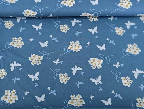 Baumwollstoff Popeline Blumen und Schmetterlinge Jeansblau Stoff Meterware