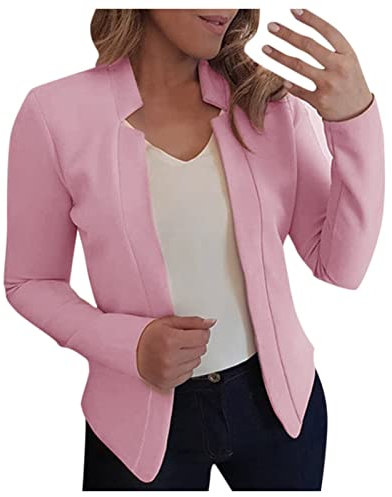 Blazer Femme Business Slim Fit Veste de Costume Élégant Manches Longues Femmes Couleur Unie Courte Un Bouton Cardigan Bureau Affaires OL Veste de Tailleur de Soiree Automne avec Poche (Rose, M)