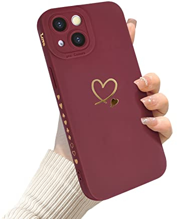 Newseego Hülle Kompatibel mit iPhone 14 (6,1 Zoll) Mode Gold Herz Muster Design Weiches Flüssigsilikon iPhone 14 Hülle Niedliches Herz Seitenrahmen iPhone 14 Schutzhülle für Frauen Mädchen-Claret