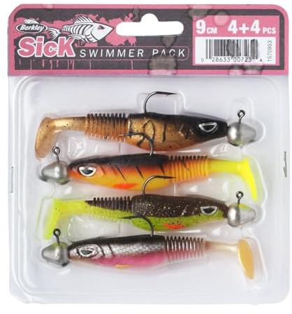 Berkley Sick Swimmer Pack – Mix aus vier 9 cm vormontierten Berkley Sick Gummiködern, vielseitiger Köder zum Fangen aller Raubfische, starke Rotation und runder PaddleTail