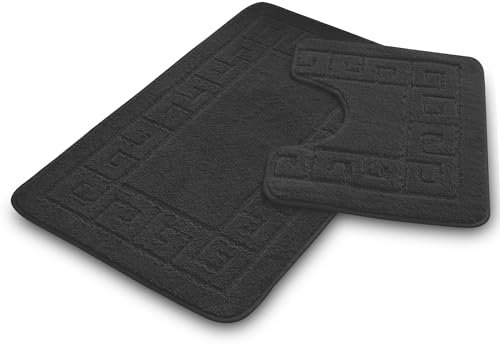 VELVETIO Bath Mat Set 2 Piece Machine Washable for Bathroom, Jacquard Greek Non Slip Quick Dry Shower Rugs & Bathtub Mats, Highly Water Absorbent 100% Polypropylene Toilet Rug Sets, Charcoal