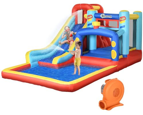 Outsunny Castillo Hinchable para Niños de 3-8 Años Castillo Inflable con Soplador Parque Acuático con Tobogán Trampolín Piscina Bolsa de Transporte 435x245x200 cm Multicolor